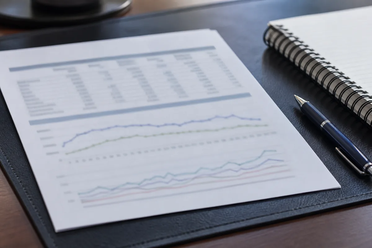 Tableau de bord imprimé posé sur un bureau avec un stylo et un carnet de notes