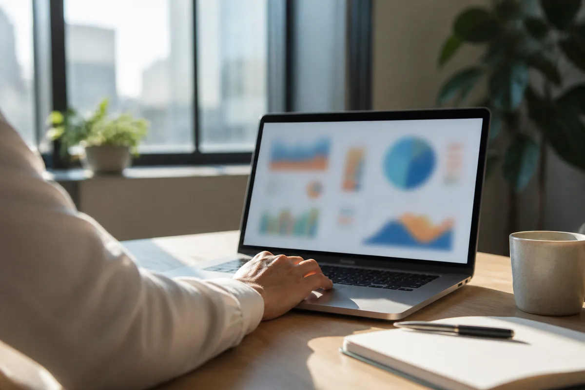 Écran affichant une interface de suivi statistique dans un bureau éclairé par une fenêtre