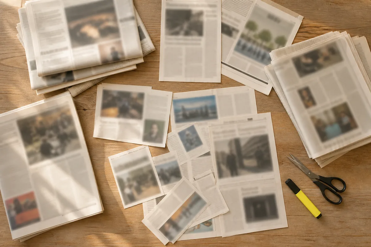 Journaux et coupures de presse étalés sur une table en bois clair