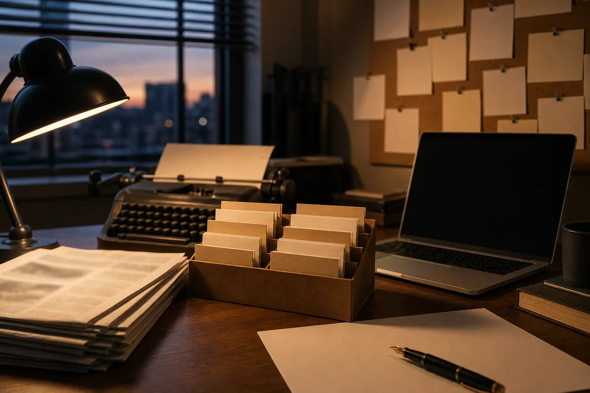 Fiches cartonnées classées par thématique dans un casier de bureau