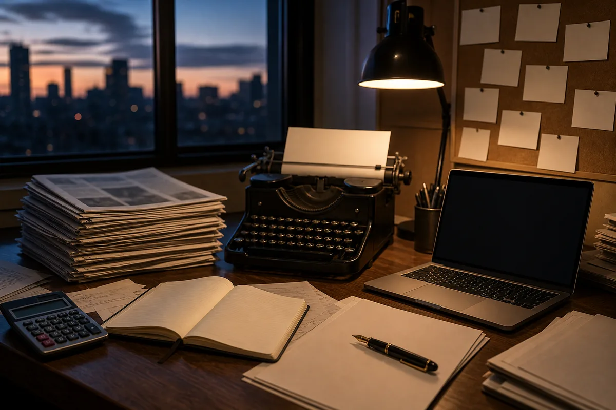 Table de travail avec un carnet, une calculatrice et des documents de presse