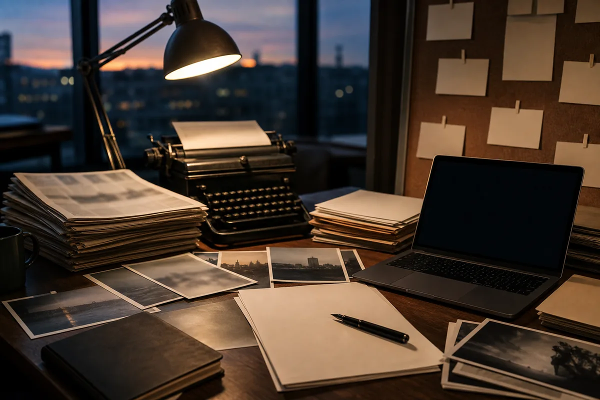 Documents de présentation et photographies étalés sur une table de travail