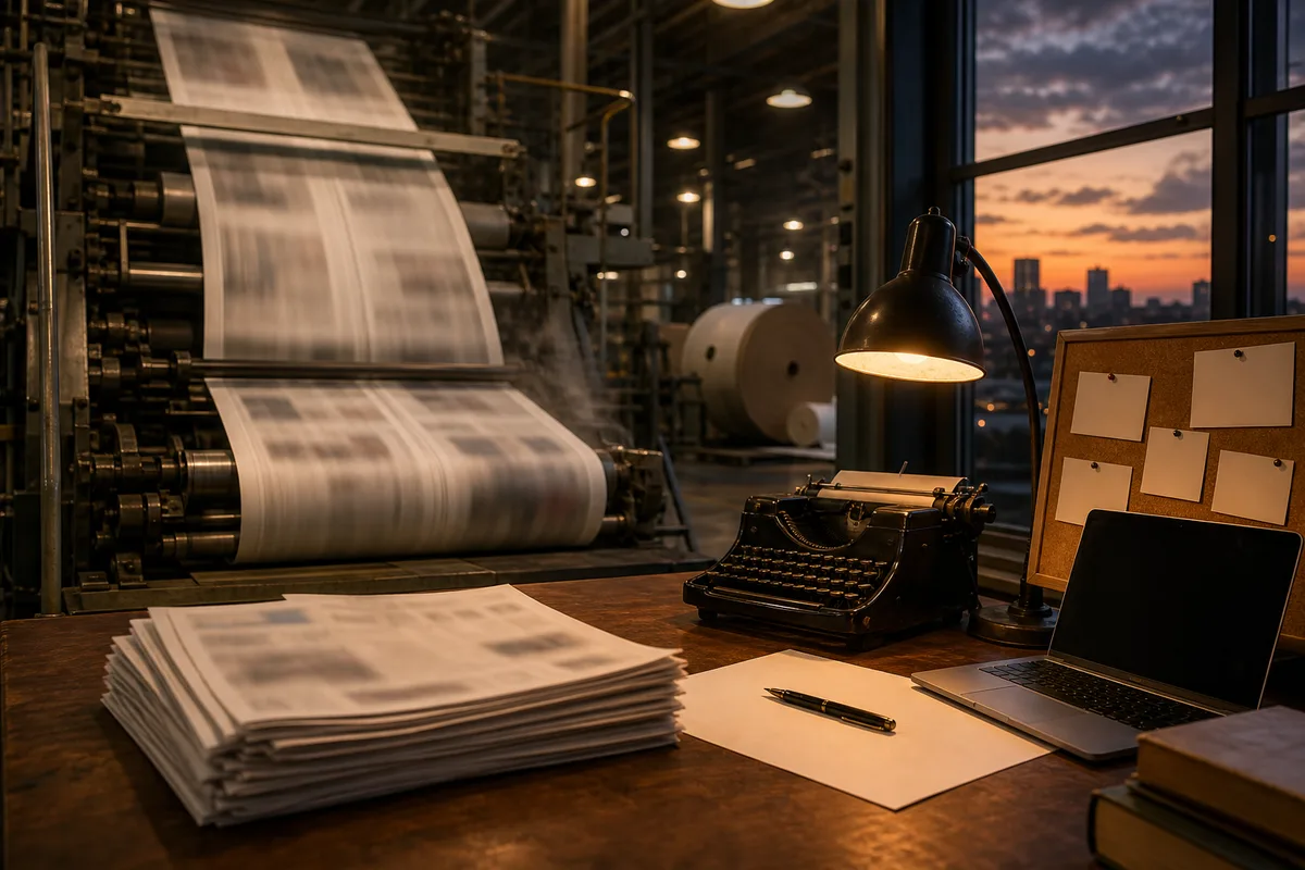Rotative d'imprimerie et bobines de papier journal dans un atelier de presse