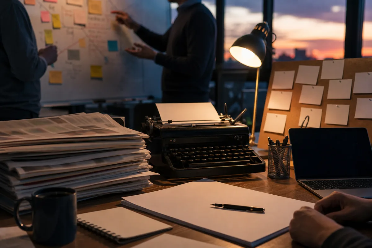 Réunion de travail autour d&rsquo;un tableau blanc couvert de notes sur la stratégie de communication
