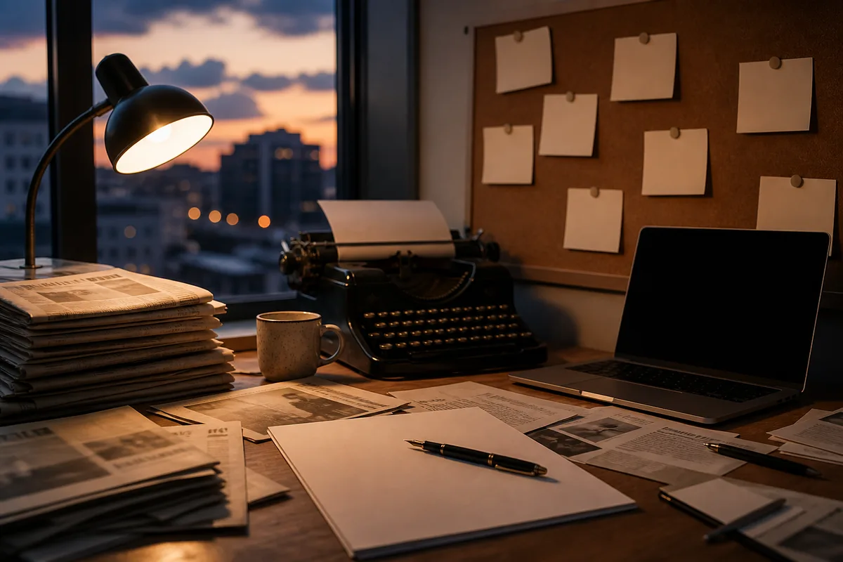 Journaux et coupures de presse étalés sur un bureau à côté d&rsquo;un ordinateur