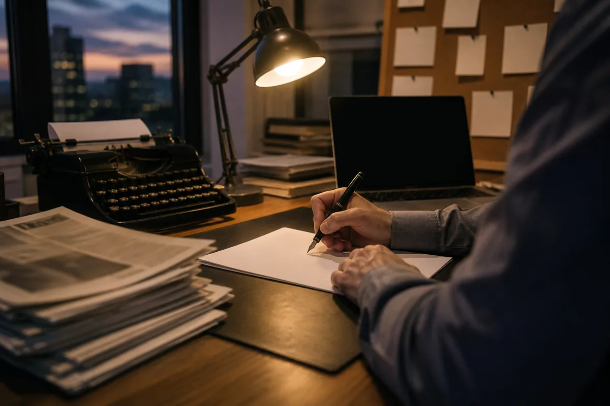 Personne rédigeant une synthèse à partir d&rsquo;articles imprimés